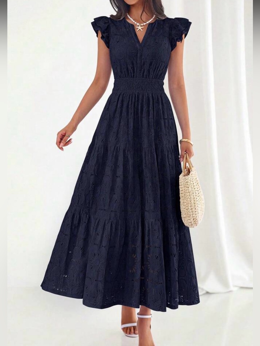 Women’s Navy Blue Eyelet Maxi Dress with Smocked Waist